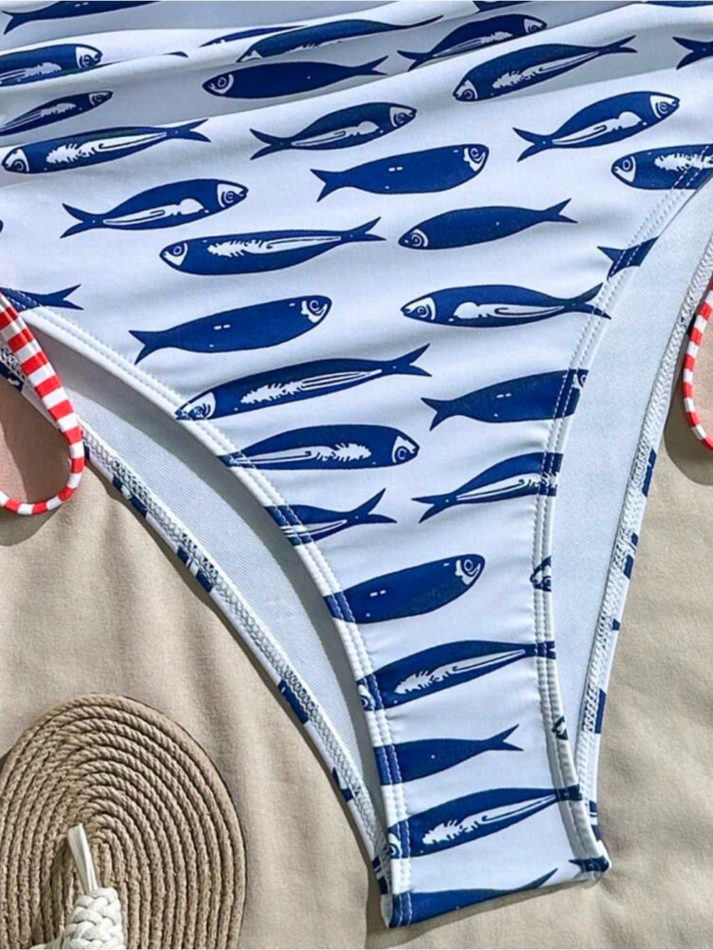 Navy Fish Print One-Piece Swimsuit with Red Stripe Trim - Picture 2 of 4